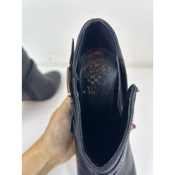 Vince Camuto Women’s 7.5M Black Leather Ankle Booties Zip Buckle Strap Heel - Picture 9 of 12